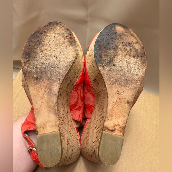 Coach Coral Orange Peep Toe Slingback Wedge Sandals 6.5 Cork Patent leather Logo - Picture 8 of 14